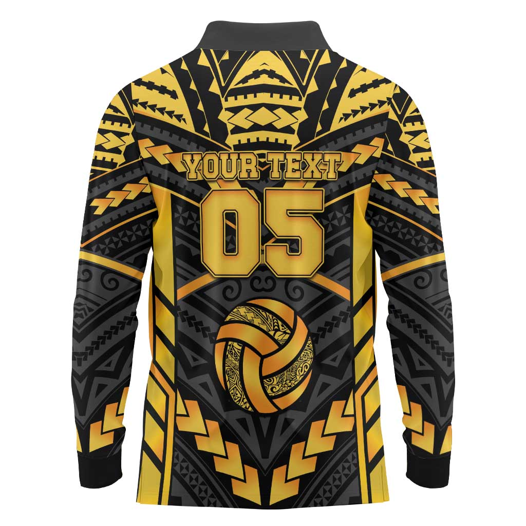 Custom Polynesia Beach Volleyball Long Sleeve Polo Shirt Gold Polynesian Tribal Pattern - Polynesian Pride