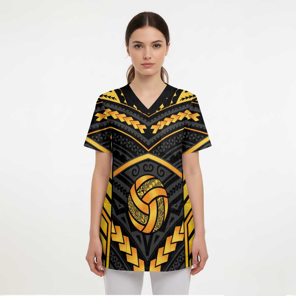 Custom Polynesia Beach Volleyball Scrub Top Gold Polynesian Tribal Pattern - Polynesian Pride
