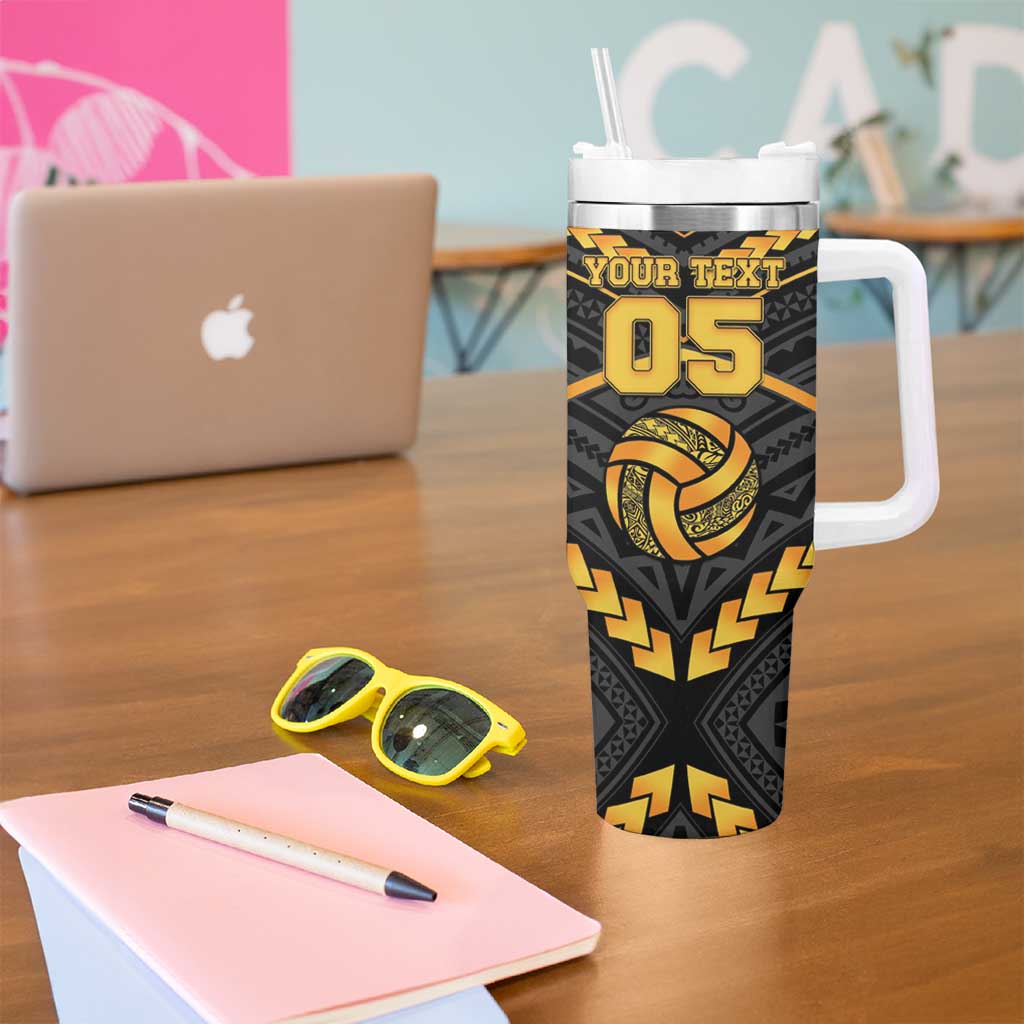 Custom Polynesia Beach Volleyball Tumbler With Handle Gold Polynesian Tribal Pattern - Polynesian Pride