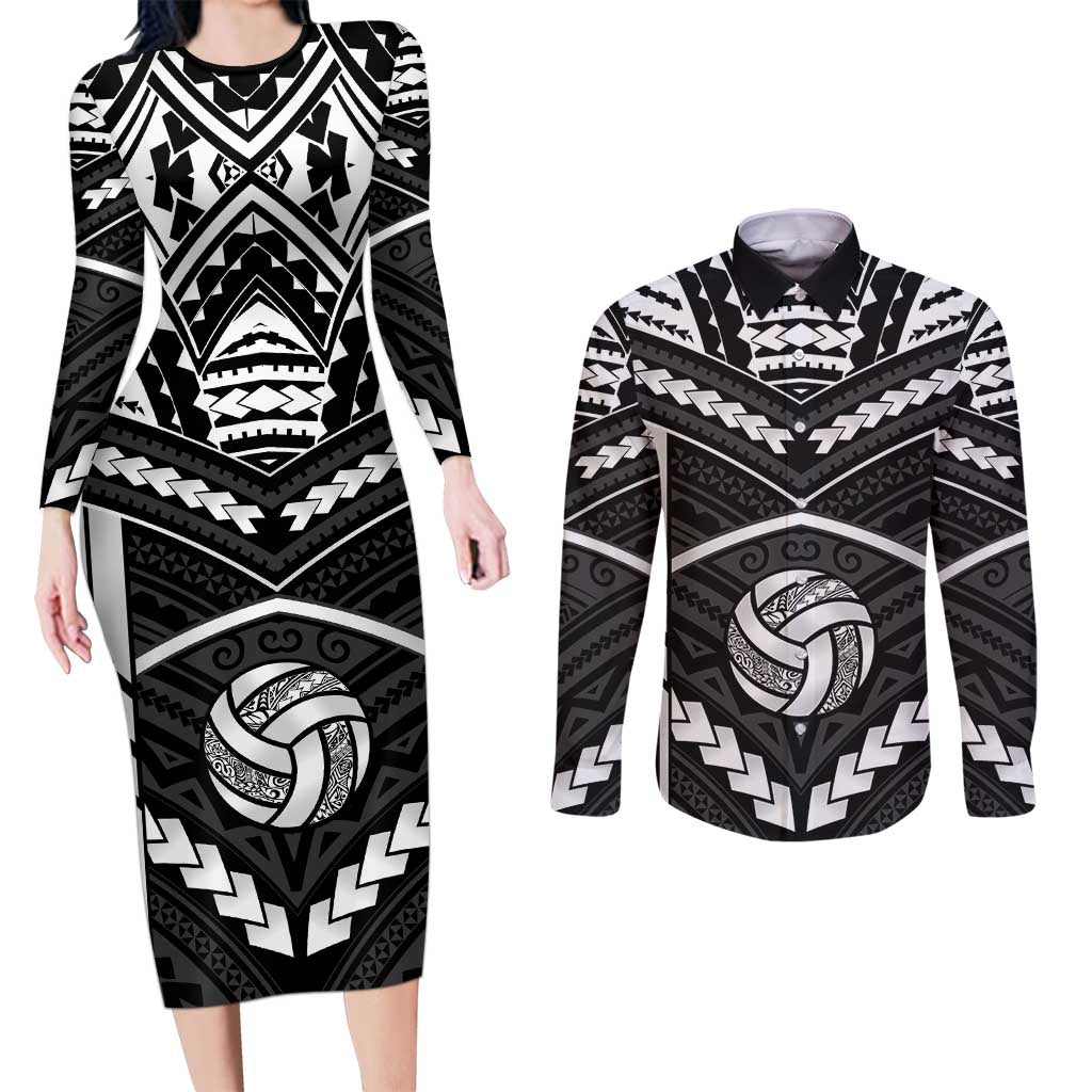 Custom Polynesia Beach Volleyball Couples Matching Long Sleeve Bodycon Dress and Long Sleeve Button Shirt Polynesian Tribal Pattern LT05 Black - Polynesian Pride
