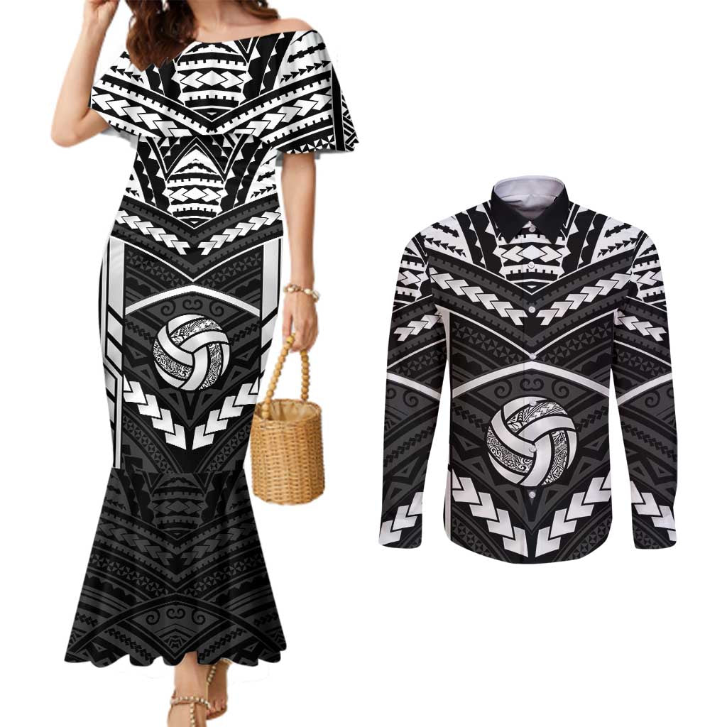 Custom Polynesia Beach Volleyball Couples Matching Mermaid Dress and Long Sleeve Button Shirt Polynesian Tribal Pattern - Polynesian Pride