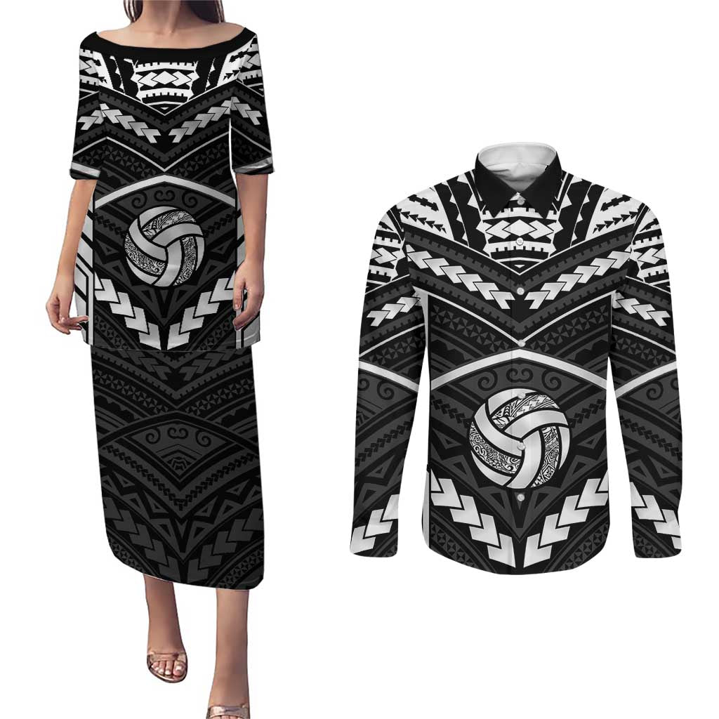 Custom Polynesia Beach Volleyball Couples Matching Puletasi and Long Sleeve Button Shirt Polynesian Tribal Pattern LT05 Black - Polynesian Pride