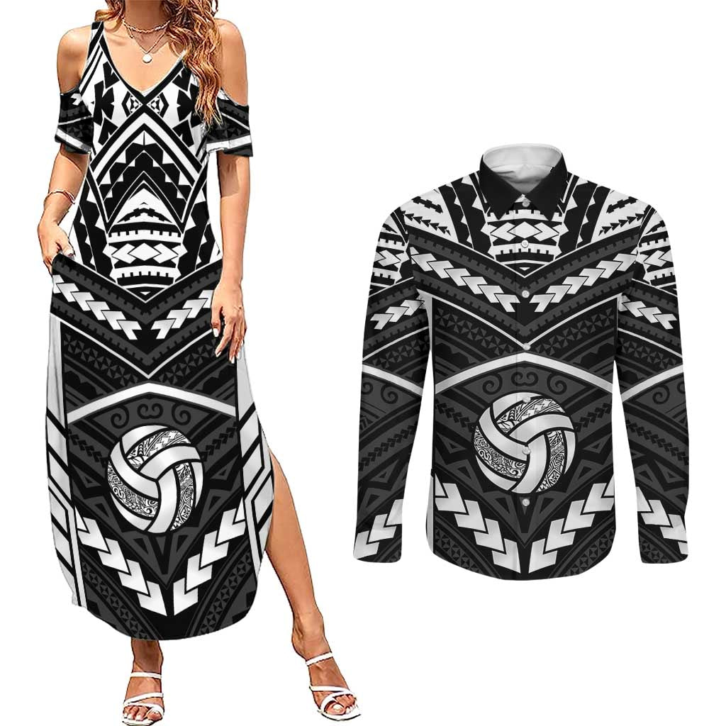 Custom Polynesia Beach Volleyball Couples Matching Summer Maxi Dress and Long Sleeve Button Shirt Polynesian Tribal Pattern LT05 Black - Polynesian Pride