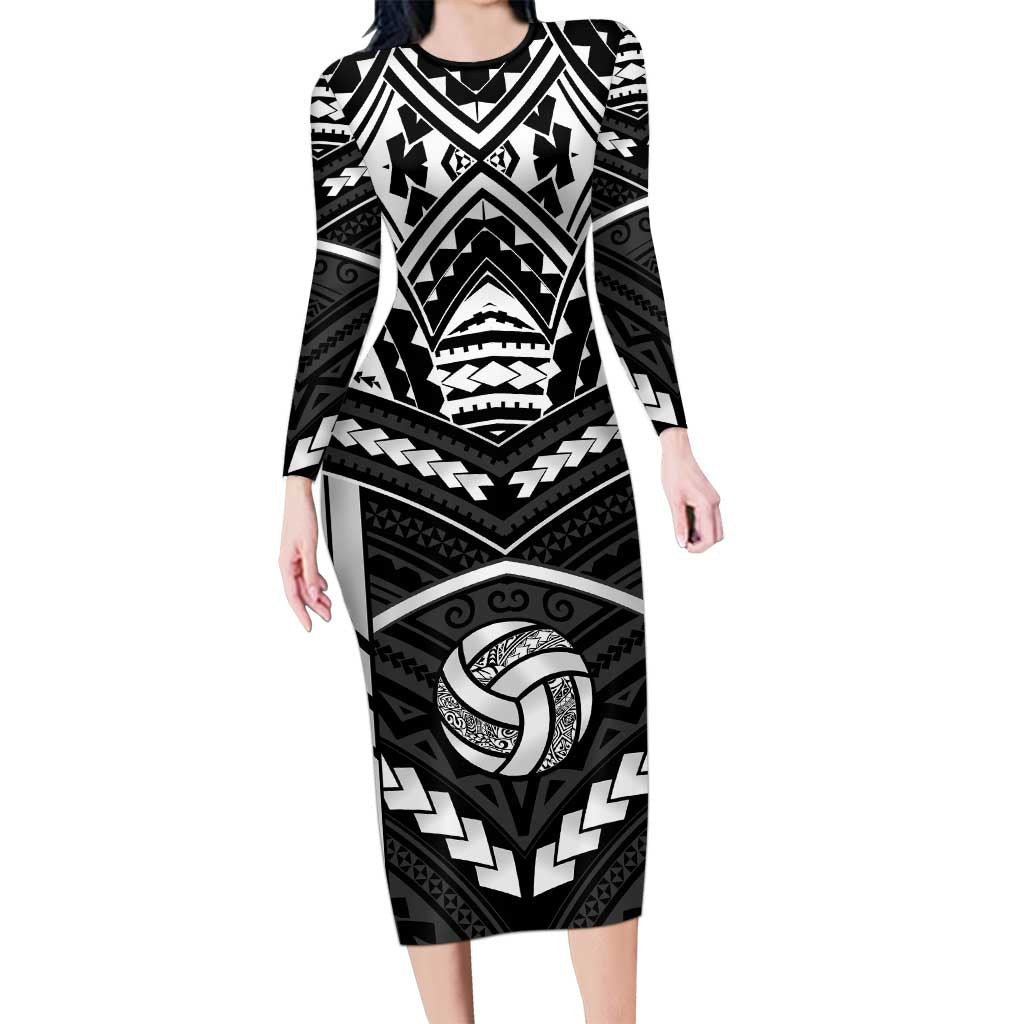 Custom Polynesia Beach Volleyball Family Matching Long Sleeve Bodycon Dress and Hawaiian Shirt Polynesian Tribal Pattern LT05 Mom's Dress Black - Polynesian Pride