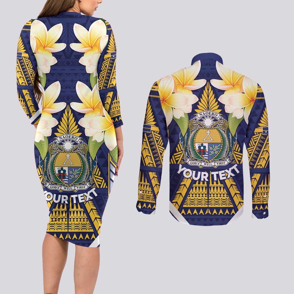 Personalised Nauru Independence Day Couples Matching Long Sleeve Bodycon Dress and Long Sleeve Button Shirt Coat Of Arms With Plumeria LT05 - Polynesian Pride