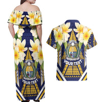 Personalised Nauru Independence Day Couples Matching Off Shoulder Maxi Dress and Hawaiian Shirt Coat Of Arms With Plumeria - Polynesian Pride