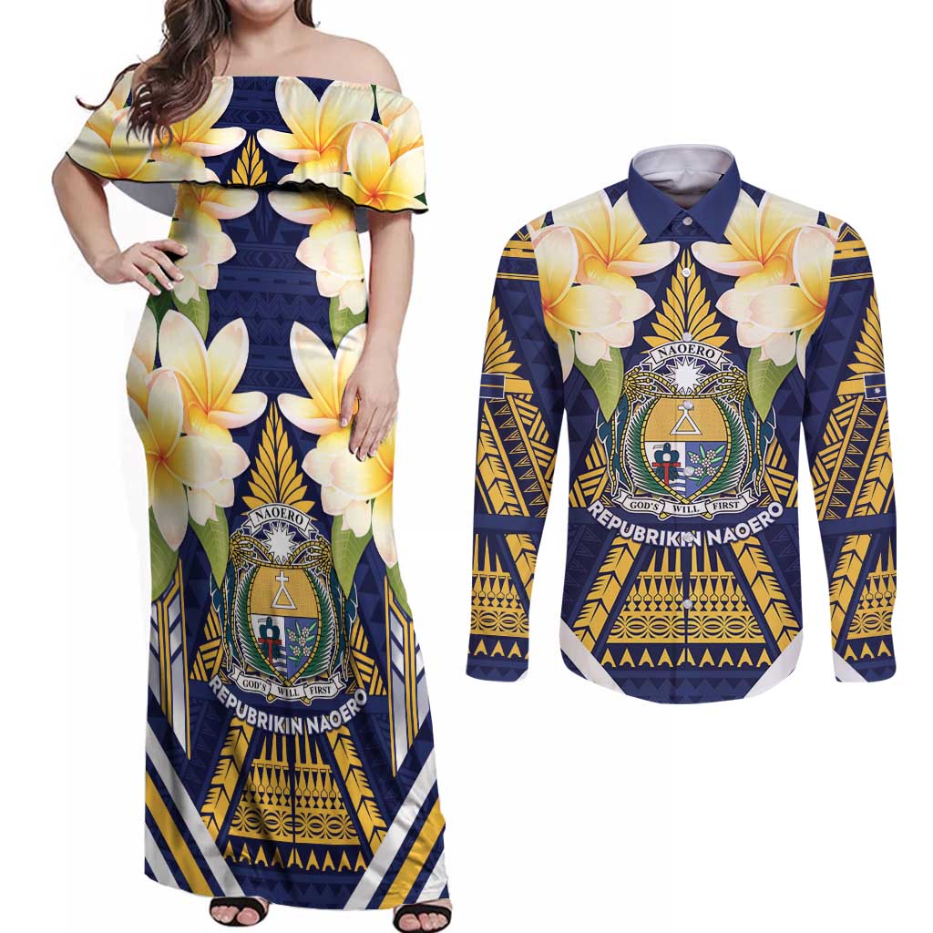 Personalised Nauru Independence Day Couples Matching Off Shoulder Maxi Dress and Long Sleeve Button Shirt Coat Of Arms With Plumeria LT05 Navy - Polynesian Pride