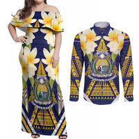 Personalised Nauru Independence Day Couples Matching Off Shoulder Maxi Dress and Long Sleeve Button Shirt Coat Of Arms With Plumeria LT05 Navy - Polynesian Pride