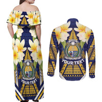 Personalised Nauru Independence Day Couples Matching Off Shoulder Maxi Dress and Long Sleeve Button Shirt Coat Of Arms With Plumeria LT05 - Polynesian Pride
