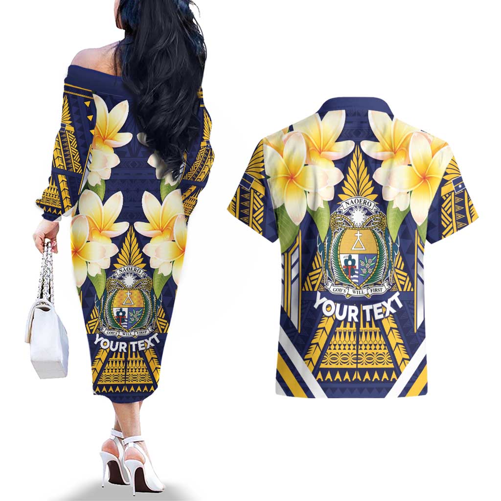 Personalised Nauru Independence Day Couples Matching Off The Shoulder Long Sleeve Dress and Hawaiian Shirt Coat Of Arms With Plumeria LT05 - Polynesian Pride