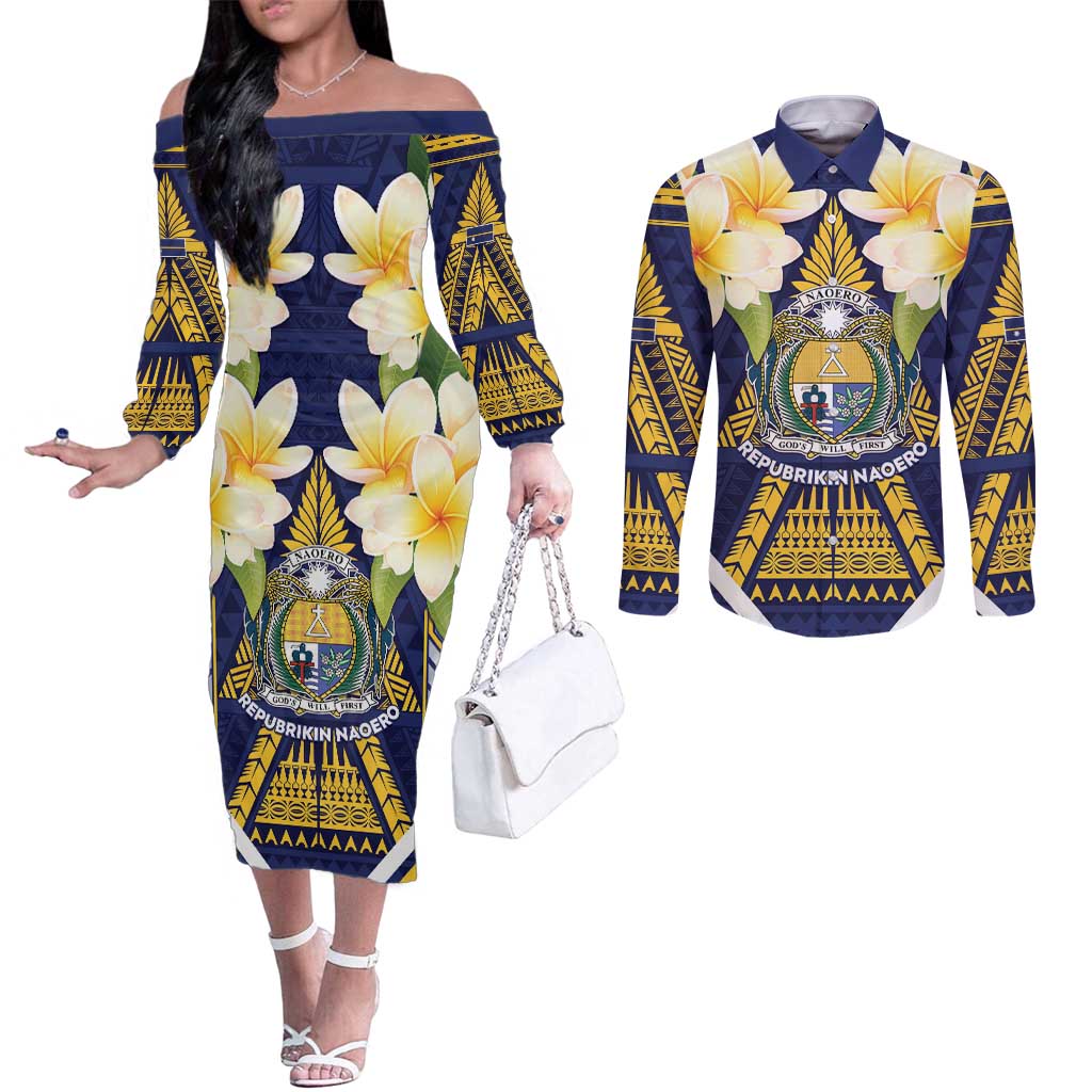 Personalised Nauru Independence Day Couples Matching Off The Shoulder Long Sleeve Dress and Long Sleeve Button Shirt Coat Of Arms With Plumeria LT05 Navy - Polynesian Pride