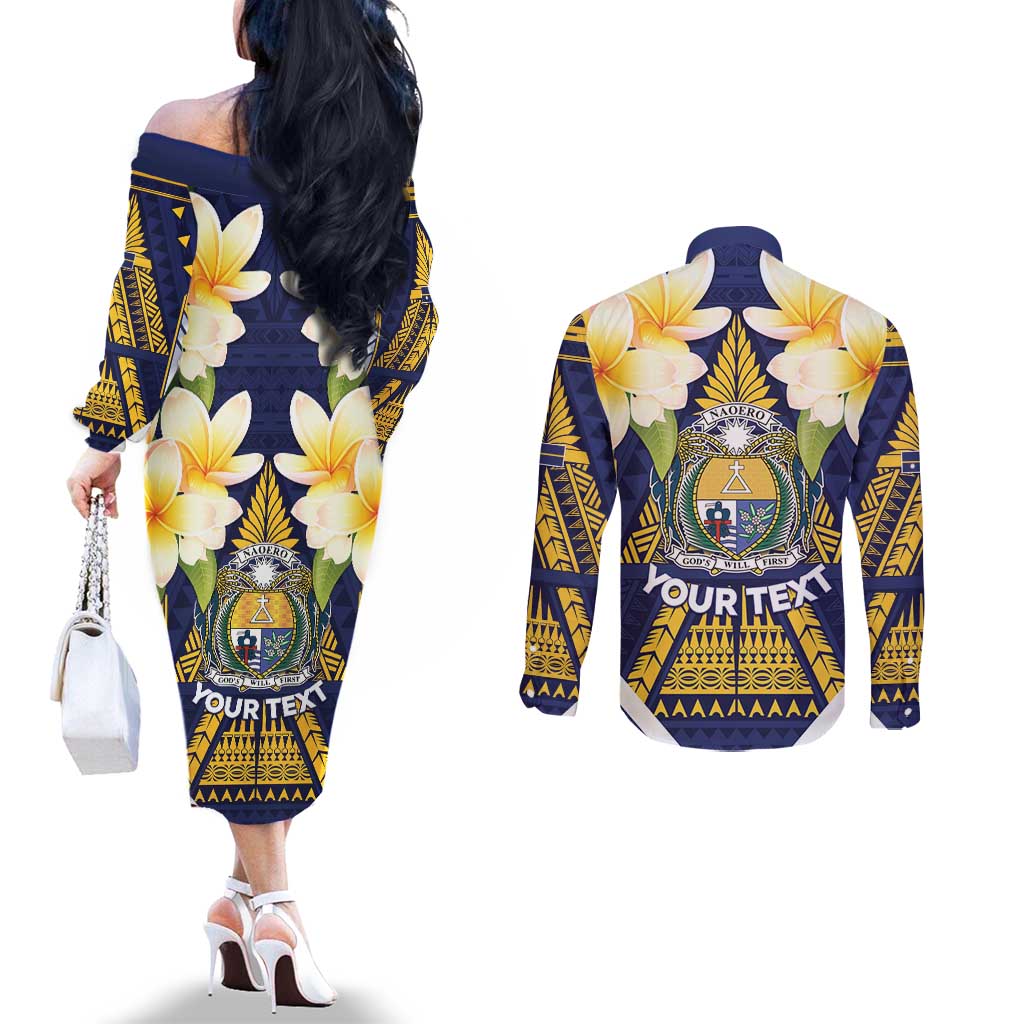 Personalised Nauru Independence Day Couples Matching Off The Shoulder Long Sleeve Dress and Long Sleeve Button Shirt Coat Of Arms With Plumeria LT05 - Polynesian Pride