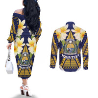 Personalised Nauru Independence Day Couples Matching Off The Shoulder Long Sleeve Dress and Long Sleeve Button Shirt Coat Of Arms With Plumeria LT05 - Polynesian Pride