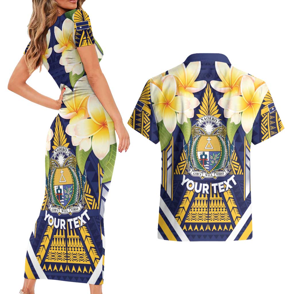 Personalised Nauru Independence Day Couples Matching Short Sleeve Bodycon Dress and Hawaiian Shirt Coat Of Arms With Plumeria LT05 - Polynesian Pride