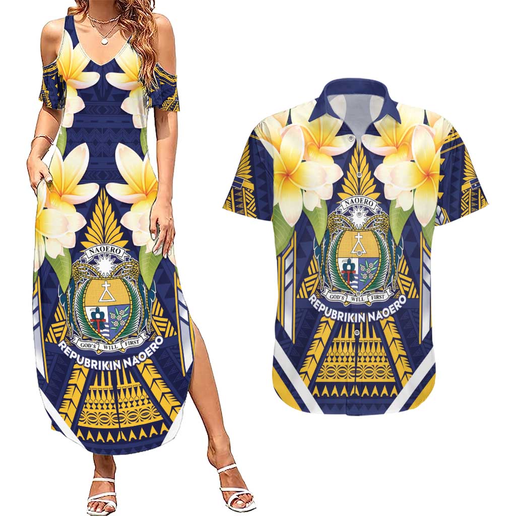 Personalised Nauru Independence Day Couples Matching Summer Maxi Dress and Hawaiian Shirt Coat Of Arms With Plumeria - Polynesian Pride