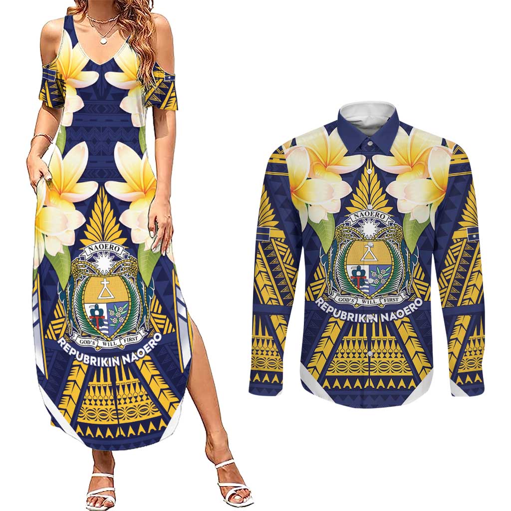 Personalised Nauru Independence Day Couples Matching Summer Maxi Dress and Long Sleeve Button Shirt Coat Of Arms With Plumeria LT05 Navy - Polynesian Pride