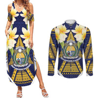 Personalised Nauru Independence Day Couples Matching Summer Maxi Dress and Long Sleeve Button Shirt Coat Of Arms With Plumeria LT05 Navy - Polynesian Pride