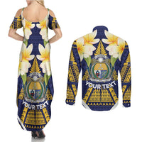 Personalised Nauru Independence Day Couples Matching Summer Maxi Dress and Long Sleeve Button Shirt Coat Of Arms With Plumeria LT05 - Polynesian Pride