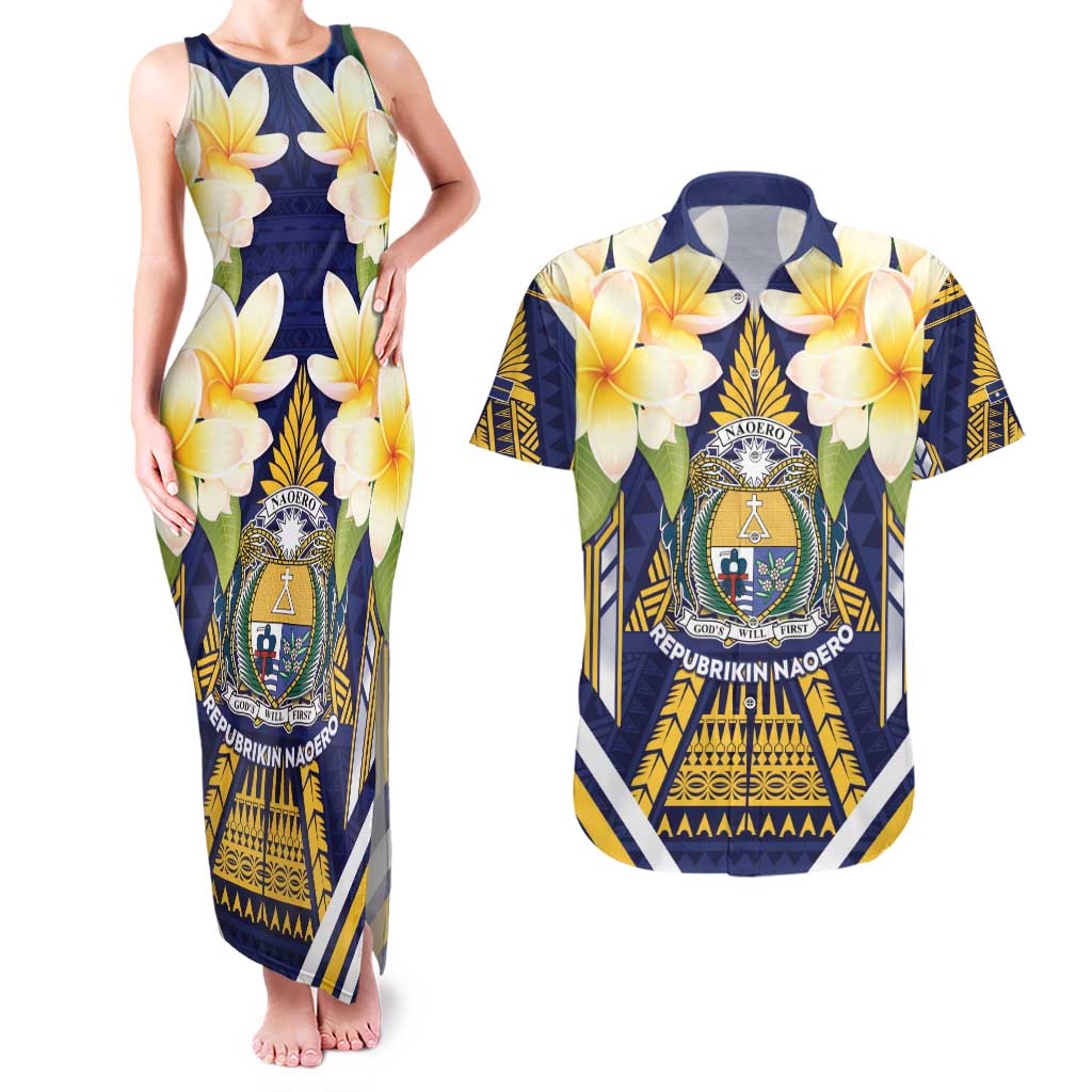 Personalised Nauru Independence Day Couples Matching Tank Maxi Dress and Hawaiian Shirt Coat Of Arms With Plumeria - Polynesian Pride