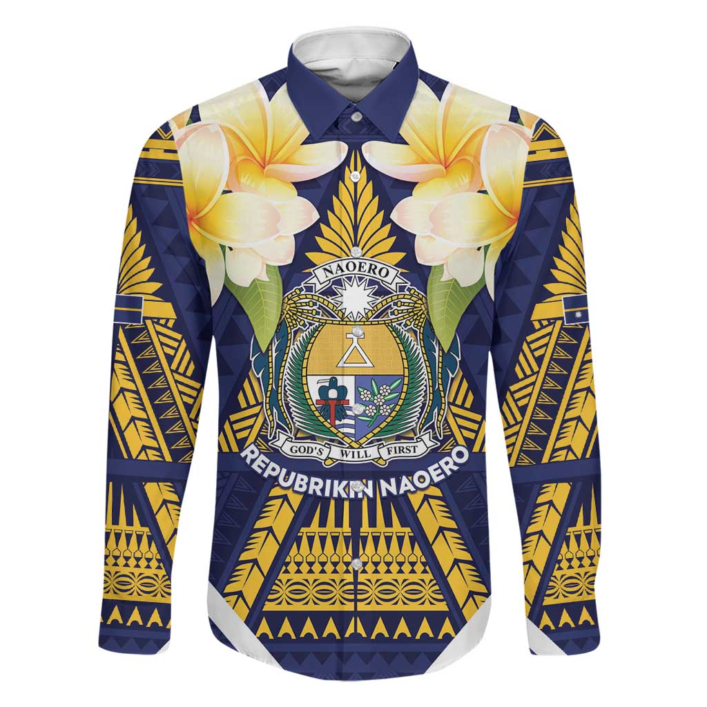 Personalised Nauru Independence Day Family Matching Long Sleeve Bodycon Dress and Hawaiian Shirt Coat Of Arms With Plumeria LT05 Dad's Shirt - Long Sleeve Navy - Polynesian Pride