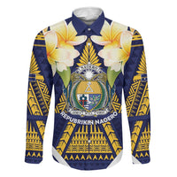 Personalised Nauru Independence Day Family Matching Long Sleeve Bodycon Dress and Hawaiian Shirt Coat Of Arms With Plumeria LT05 Dad's Shirt - Long Sleeve Navy - Polynesian Pride