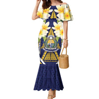 Personalised Nauru Independence Day Family Matching Mermaid Dress and Hawaiian Shirt Coat Of Arms With Plumeria LT05 Mom's Dress Navy - Polynesian Pride