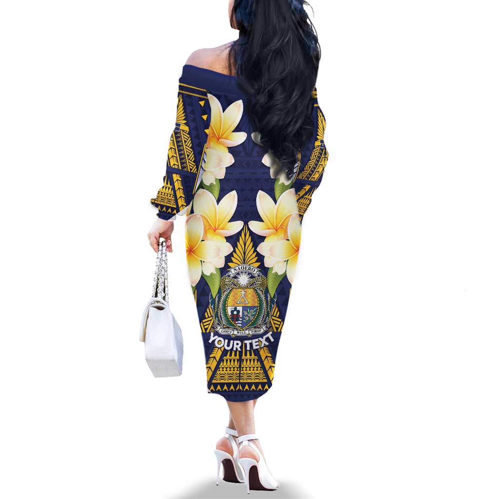 Personalised Nauru Independence Day Family Matching Off The Shoulder Long Sleeve Dress and Hawaiian Shirt Coat Of Arms With Plumeria LT05 - Polynesian Pride