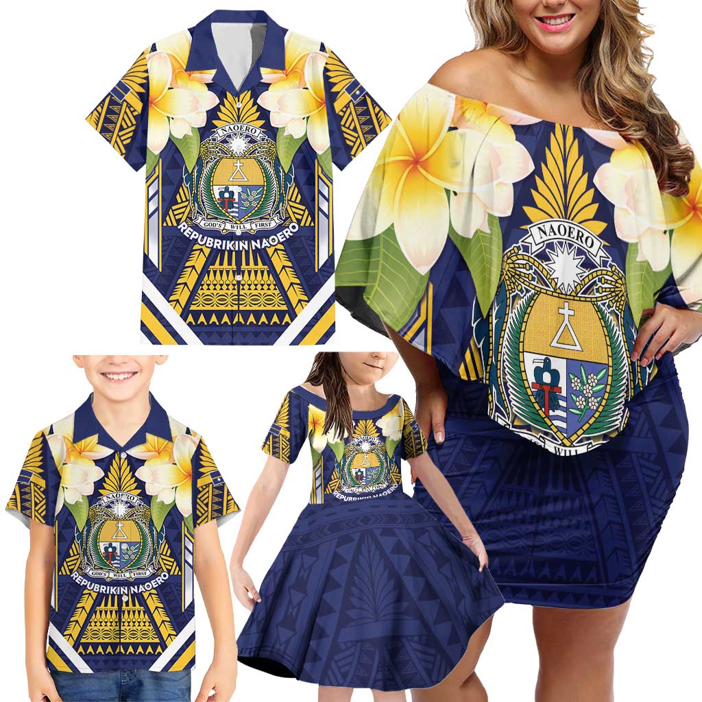 Personalised Nauru Independence Day Family Matching Off Shoulder Short Dress and Hawaiian Shirt Coat Of Arms With Plumeria LT05 - Polynesian Pride