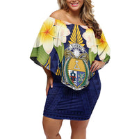 Personalised Nauru Independence Day Family Matching Off Shoulder Short Dress and Hawaiian Shirt Coat Of Arms With Plumeria LT05 Mom's Dress Navy - Polynesian Pride