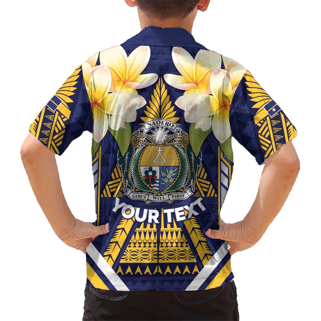 Personalised Nauru Independence Day Family Matching Short Sleeve Bodycon Dress and Hawaiian Shirt Coat Of Arms With Plumeria LT05 - Polynesian Pride