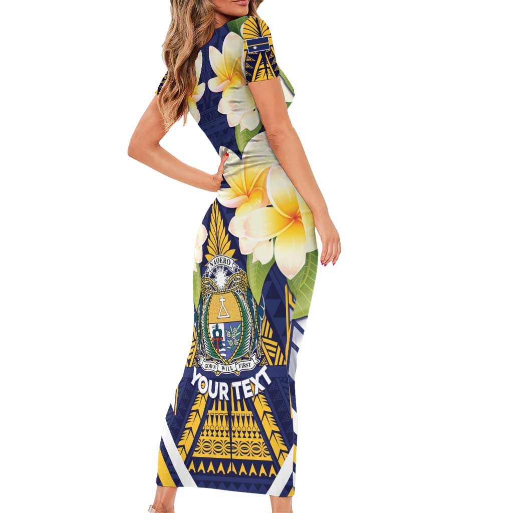Personalised Nauru Independence Day Family Matching Short Sleeve Bodycon Dress and Hawaiian Shirt Coat Of Arms With Plumeria LT05 - Polynesian Pride