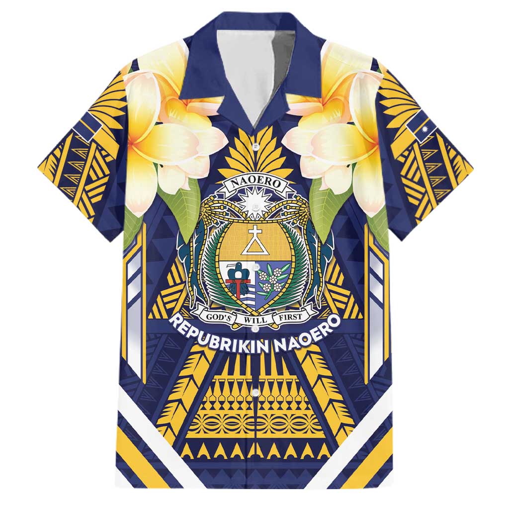 Personalised Nauru Independence Day Family Matching Summer Maxi Dress and Hawaiian Shirt Coat Of Arms With Plumeria LT05 Dad's Shirt - Short Sleeve Navy - Polynesian Pride