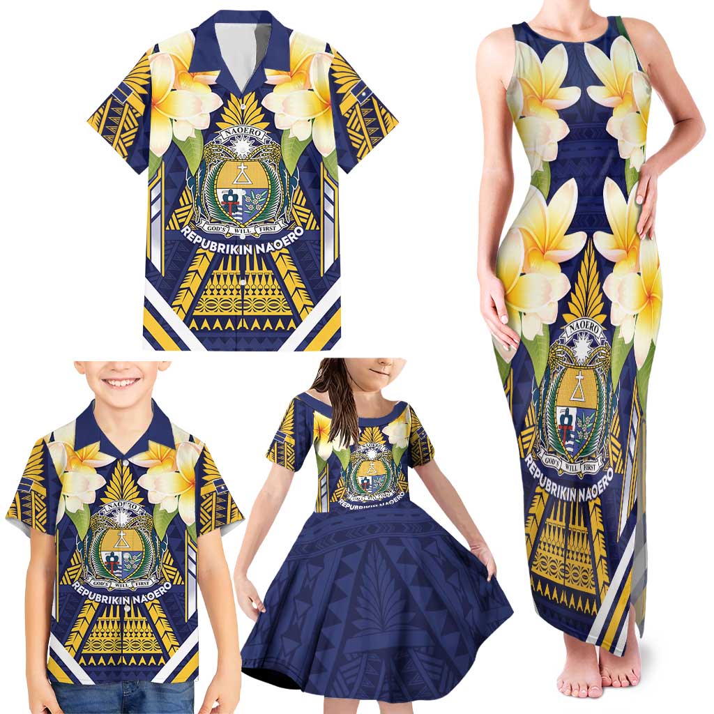 Personalised Nauru Independence Day Family Matching Tank Maxi Dress and Hawaiian Shirt Coat Of Arms With Plumeria LT05 - Polynesian Pride