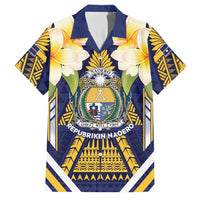 Personalised Nauru Independence Day Family Matching Tank Maxi Dress and Hawaiian Shirt Coat Of Arms With Plumeria LT05 Dad's Shirt - Short Sleeve Navy - Polynesian Pride