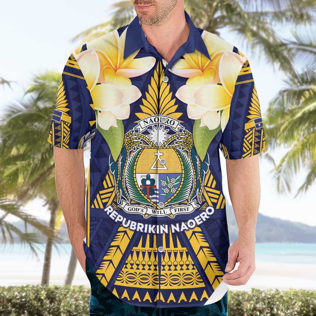 Personalised Nauru Independence Day Hawaiian Shirt Coat Of Arms With Plumeria - Polynesian Pride