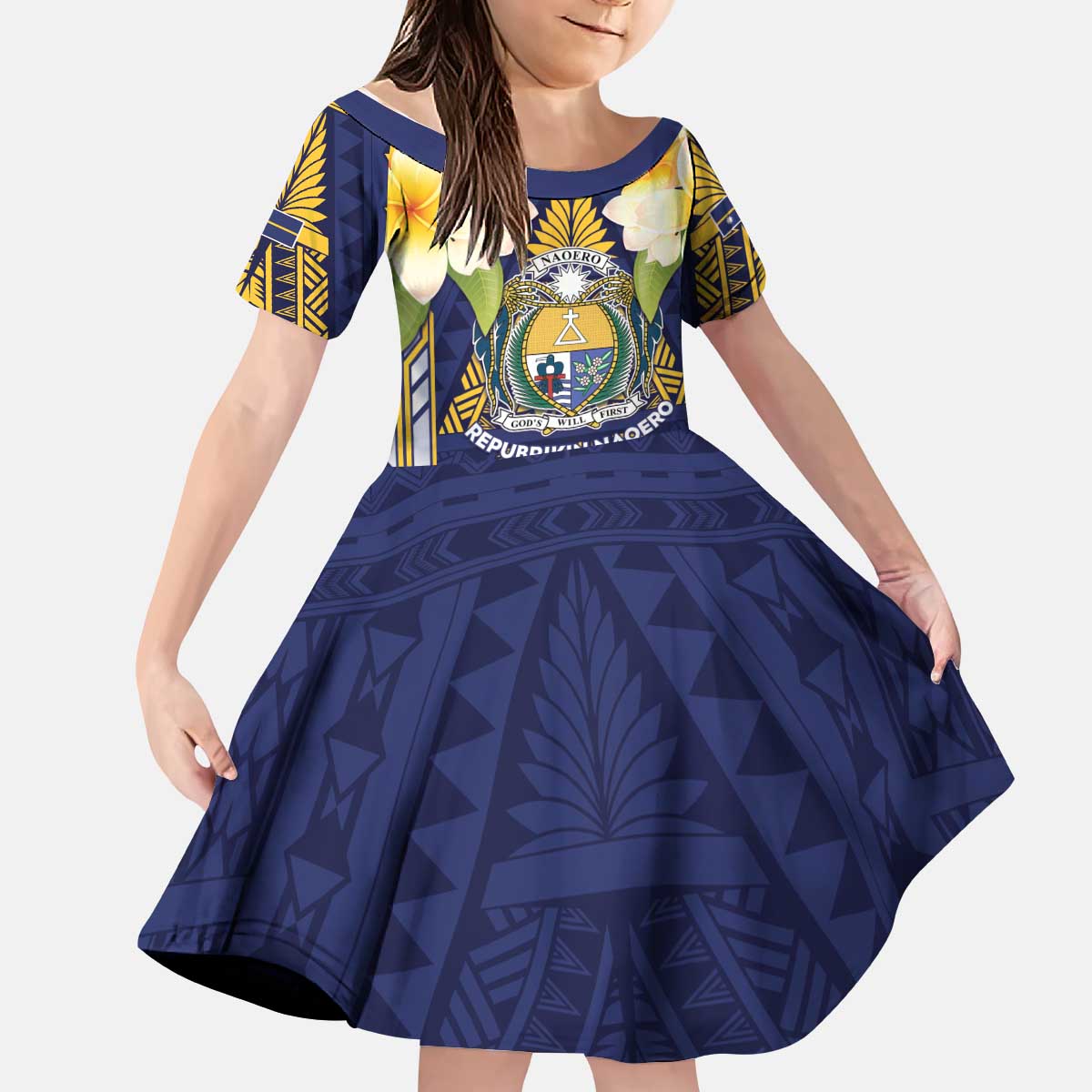 Personalised Nauru Independence Day Kid Short Sleeve Dress Coat Of Arms With Plumeria LT05 KID Navy - Polynesian Pride