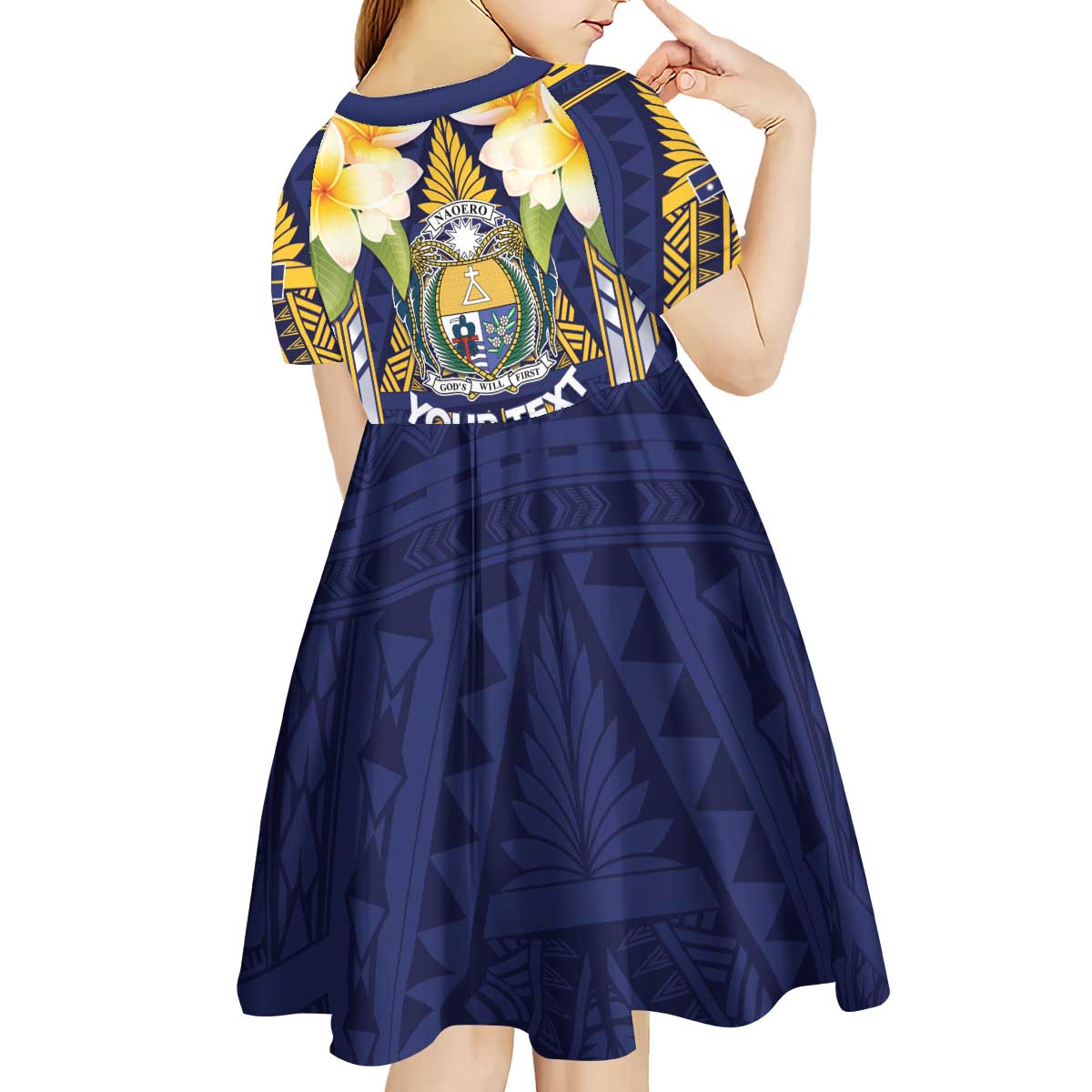 Personalised Nauru Independence Day Kid Short Sleeve Dress Coat Of Arms With Plumeria LT05 - Polynesian Pride