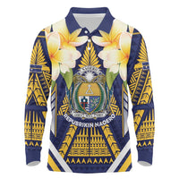 Personalised Nauru Independence Day Long Sleeve Polo Shirt Coat Of Arms With Plumeria LT05 Navy - Polynesian Pride