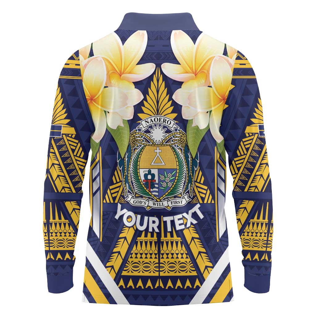 Personalised Nauru Independence Day Long Sleeve Polo Shirt Coat Of Arms With Plumeria LT05 - Polynesian Pride