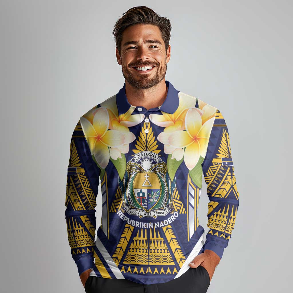 Personalised Nauru Independence Day Long Sleeve Polo Shirt Coat Of Arms With Plumeria LT05 - Polynesian Pride