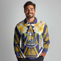 Personalised Nauru Independence Day Long Sleeve Polo Shirt Coat Of Arms With Plumeria LT05 - Polynesian Pride