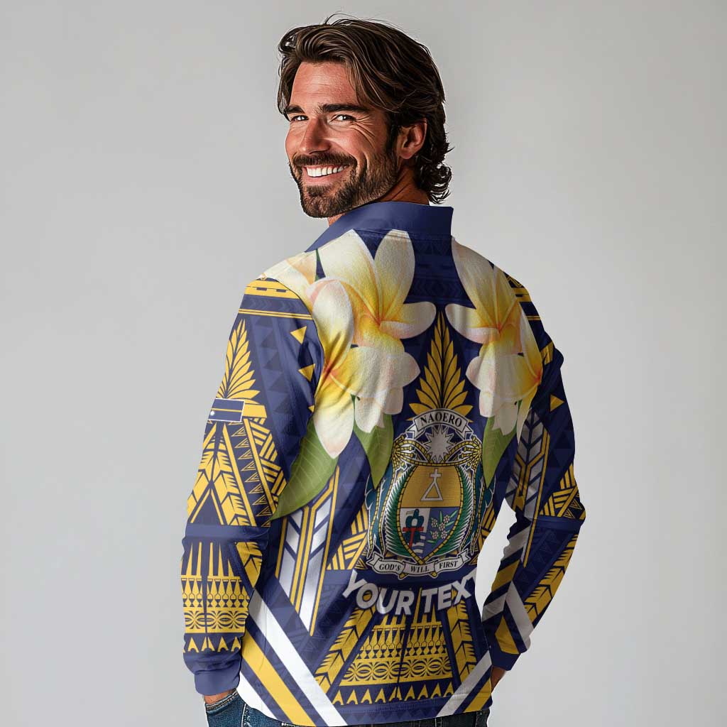 Personalised Nauru Independence Day Long Sleeve Polo Shirt Coat Of Arms With Plumeria LT05 - Polynesian Pride
