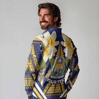 Personalised Nauru Independence Day Long Sleeve Polo Shirt Coat Of Arms With Plumeria LT05 - Polynesian Pride