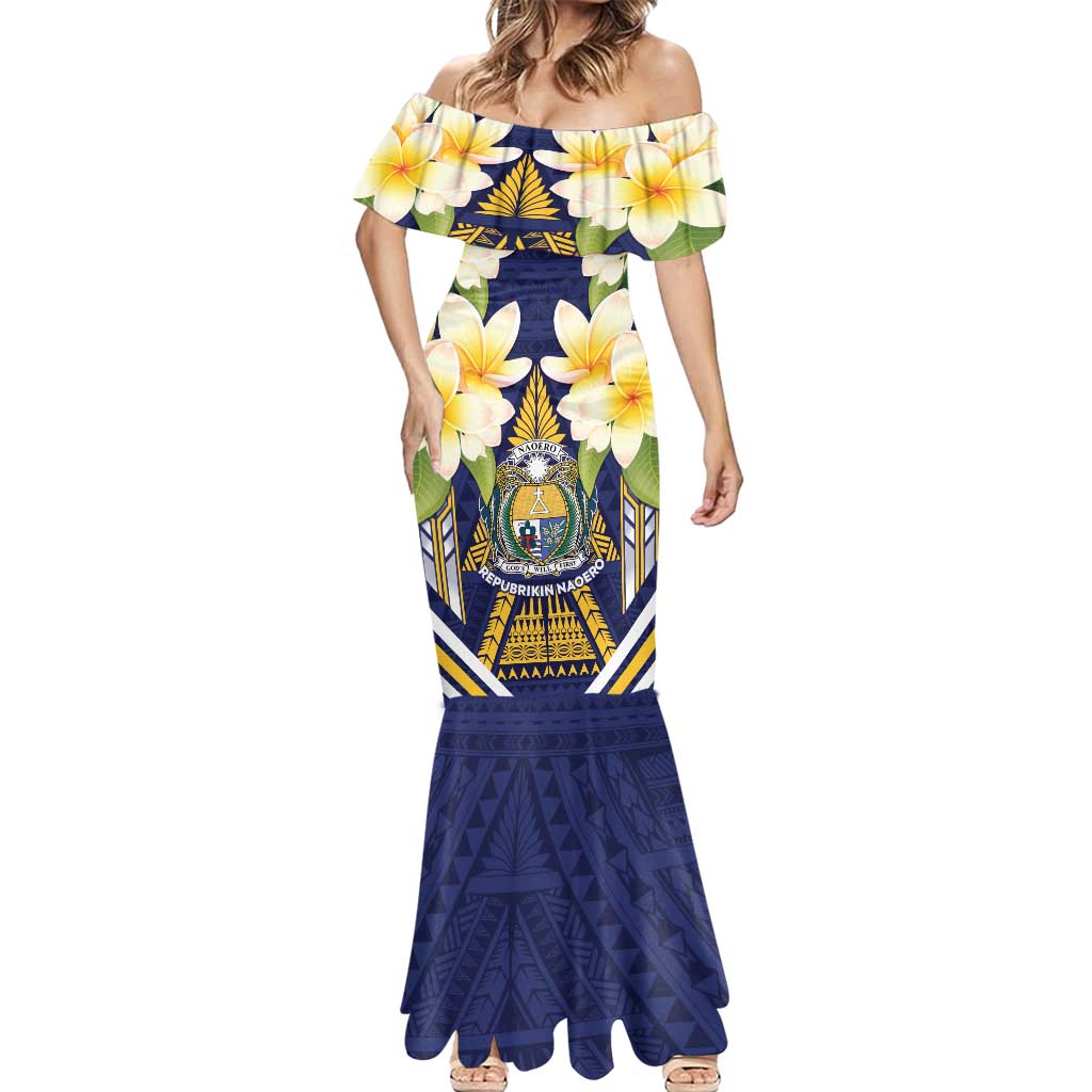 Personalised Nauru Independence Day Mermaid Dress Coat Of Arms With Plumeria LT05 - Polynesian Pride