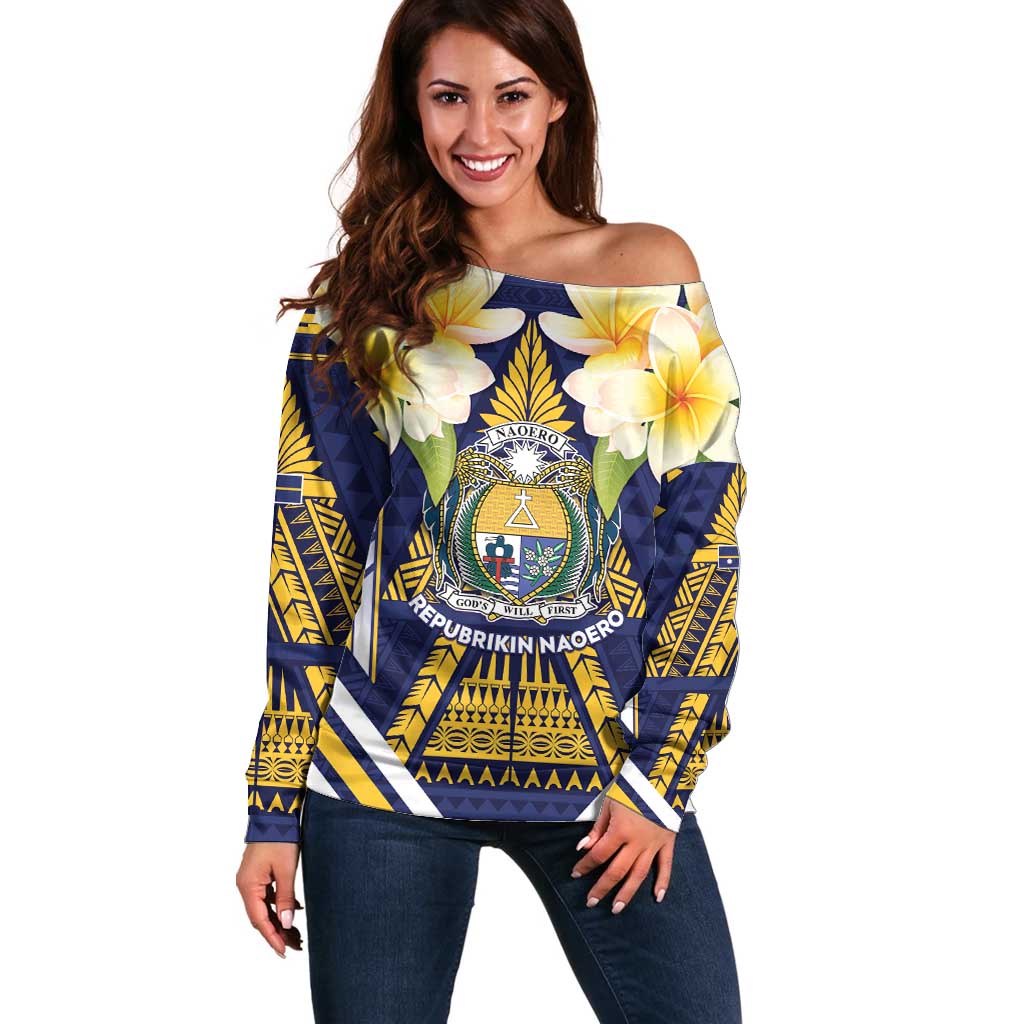 Personalised Nauru Independence Day Off Shoulder Sweater Coat Of Arms With Plumeria - Polynesian Pride