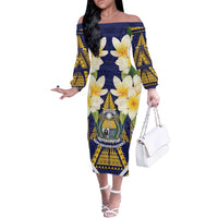 Personalised Nauru Independence Day Off The Shoulder Long Sleeve Dress Coat Of Arms With Plumeria - Polynesian Pride