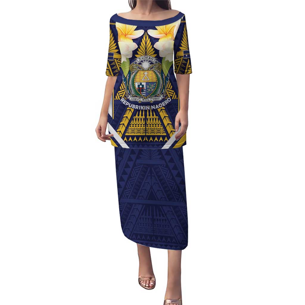 Personalised Nauru Independence Day Puletasi Coat Of Arms With Plumeria - Polynesian Pride