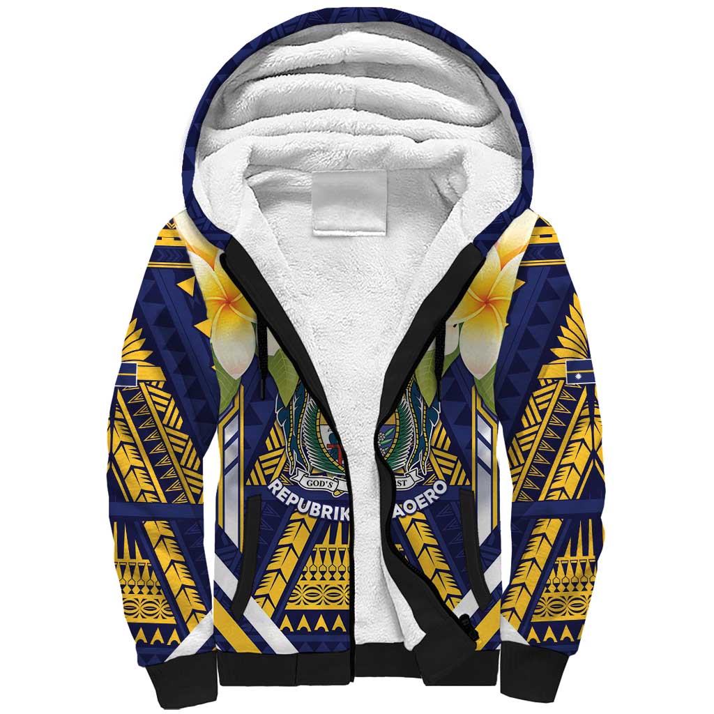Personalised Nauru Independence Day Sherpa Hoodie Coat Of Arms With Plumeria LT05 Unisex Navy - Polynesian Pride