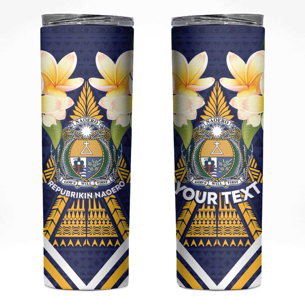 Personalised Nauru Independence Day Skinny Tumbler Coat Of Arms With Plumeria LT05 Navy - Polynesian Pride