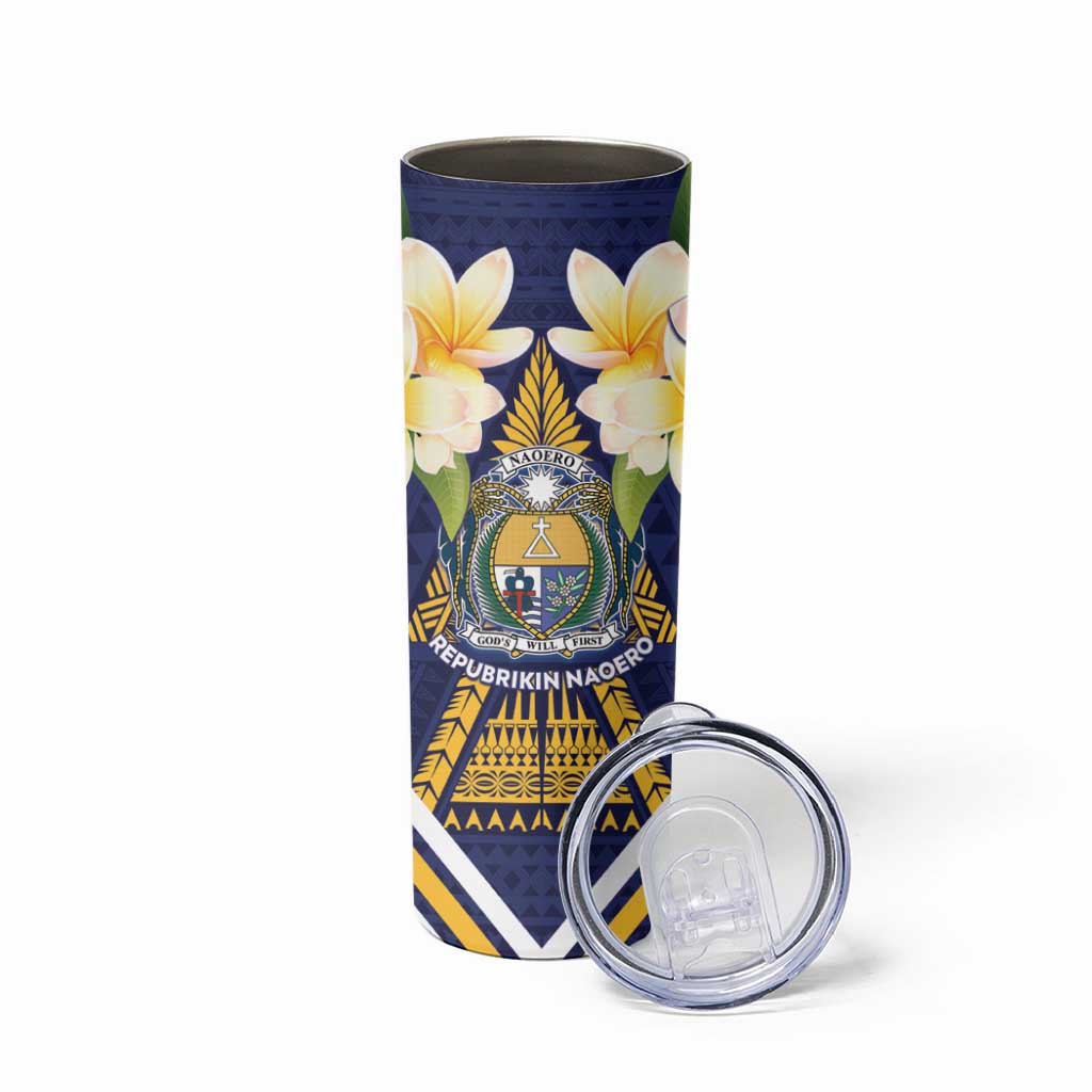 Personalised Nauru Independence Day Skinny Tumbler Coat Of Arms With Plumeria LT05 - Polynesian Pride